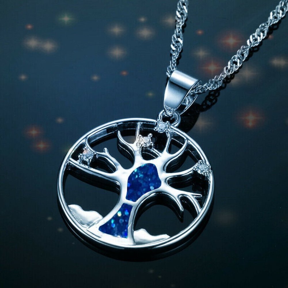 Hollow Tree of Life Pendant Necklace Blue Imitatio - Picture 1 of 7